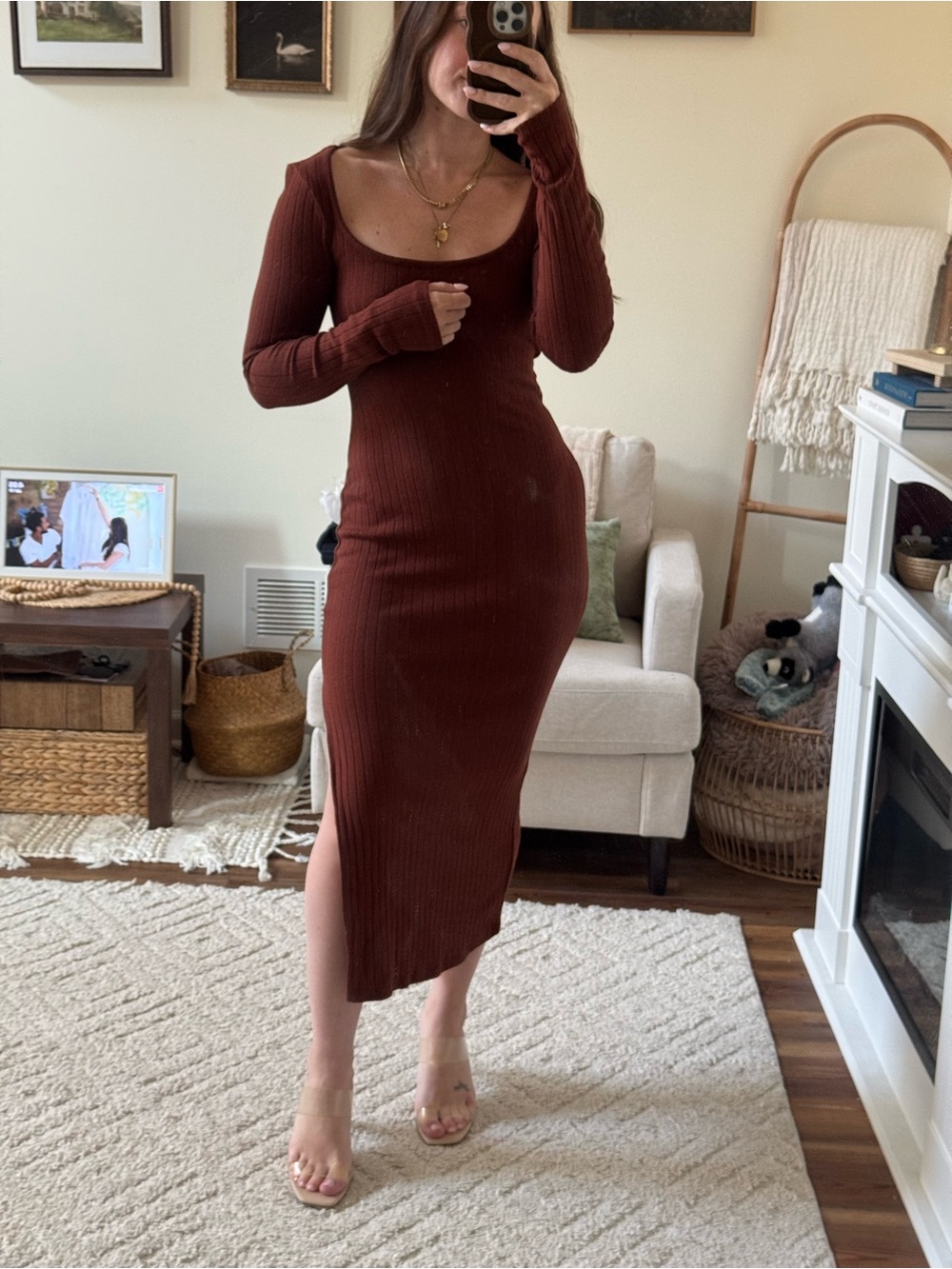 Ribbed Long Sleeve Scoop Neck Midi Dress - Brown